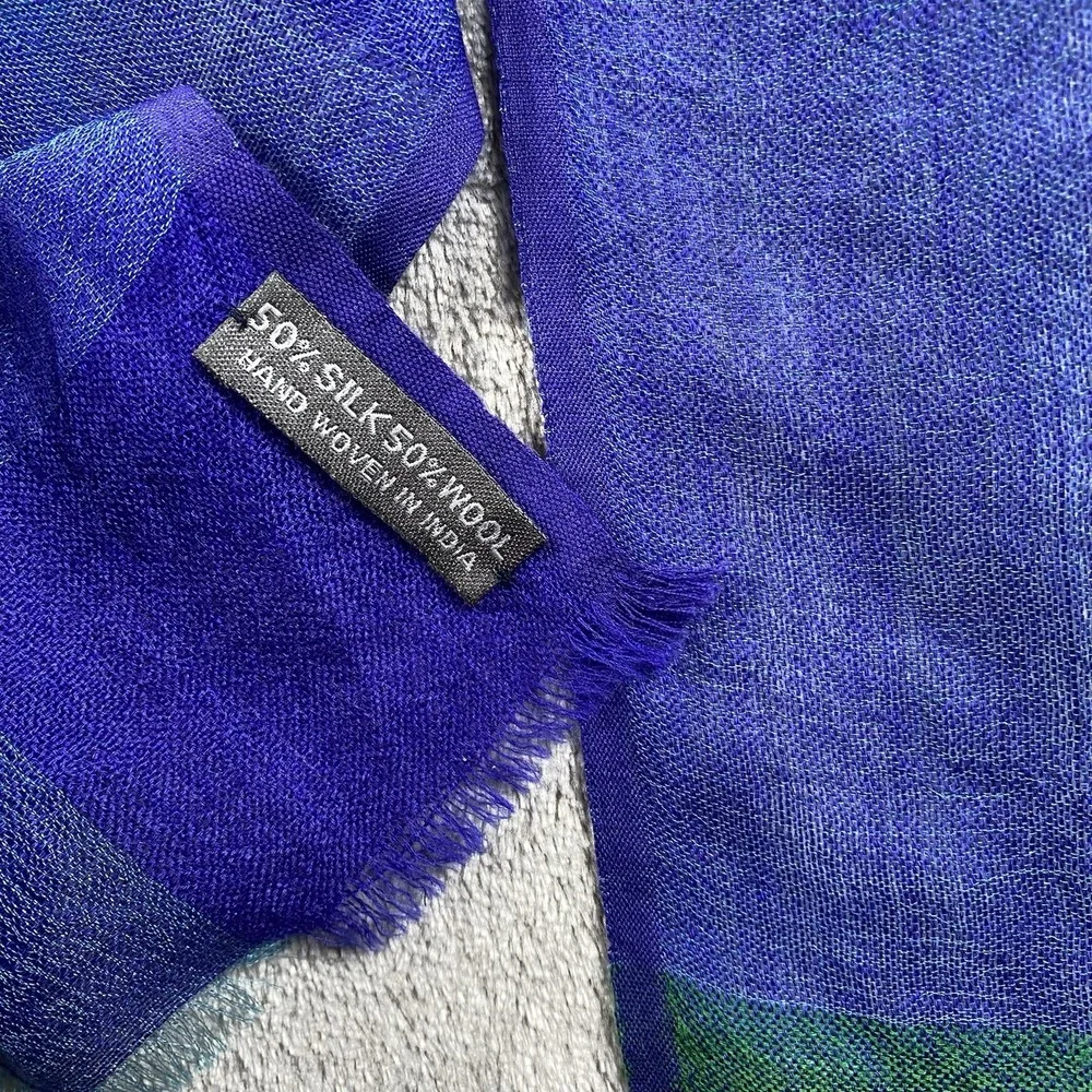 Sadhu Scarf Shawl Wrap Silk Wool Geometric Sheer Hand Woven Blue‎ Green Purple